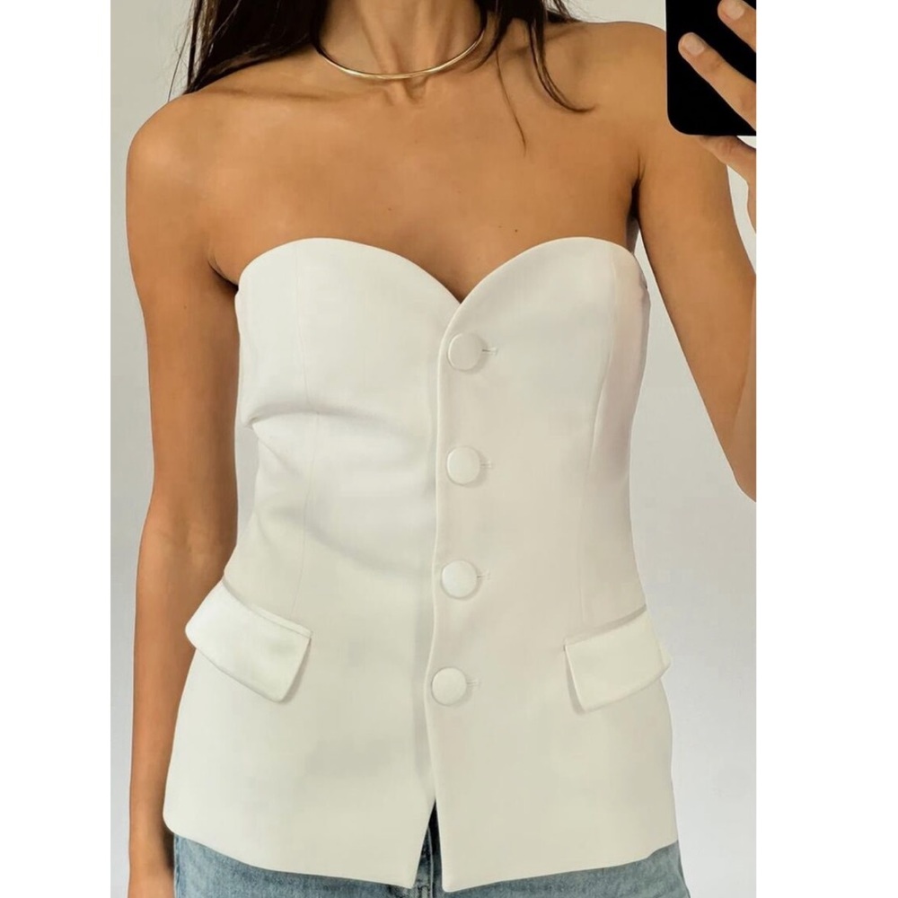 ZARA WOMAN MIXED SATIN EFFECT BUSTIER TOP OYSTER WHITE strapless top w/ buttons